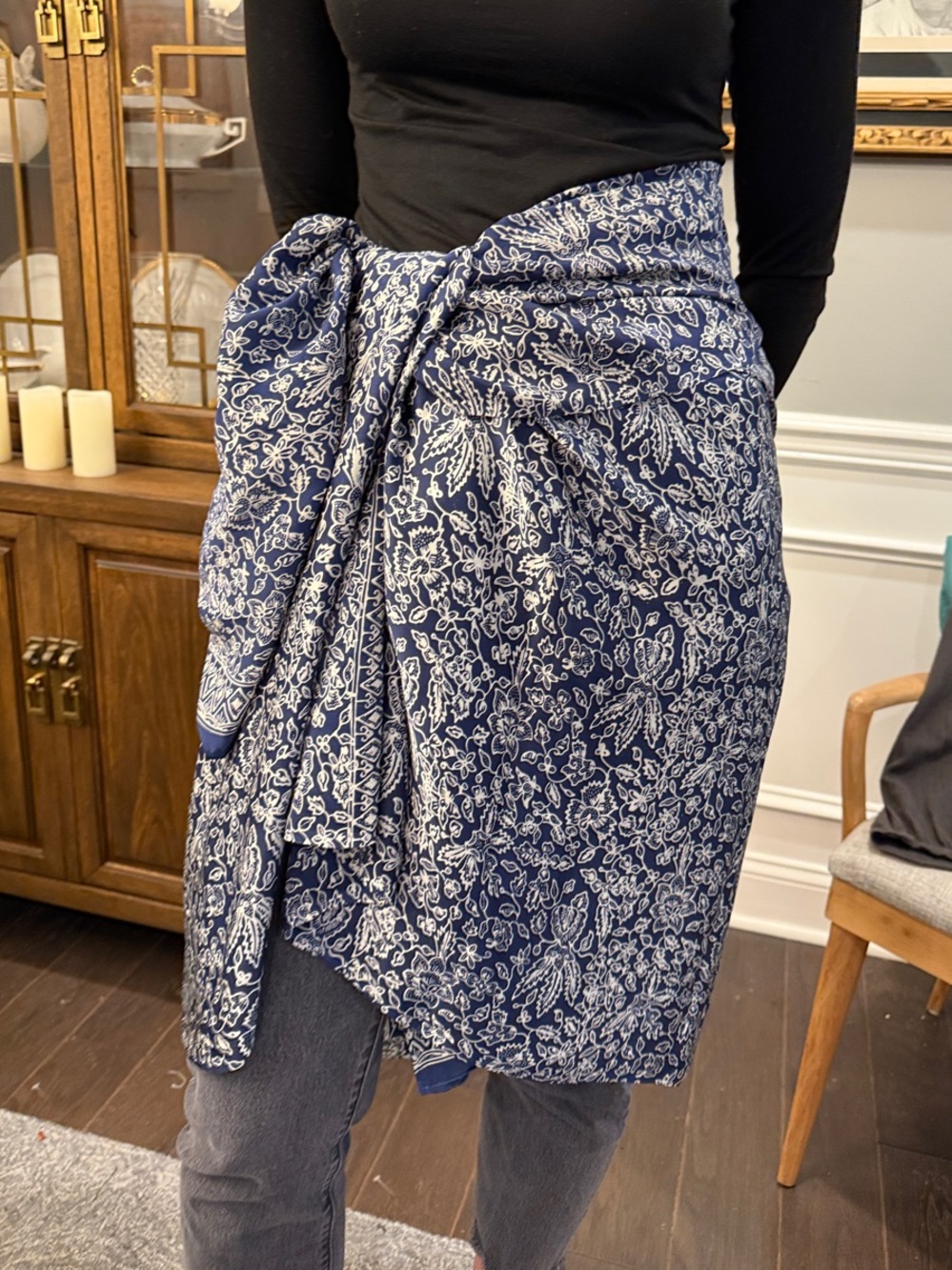 Vintage Collectible Silk Serendipity Navy Blue Floral Swim Cover-Up Sarong